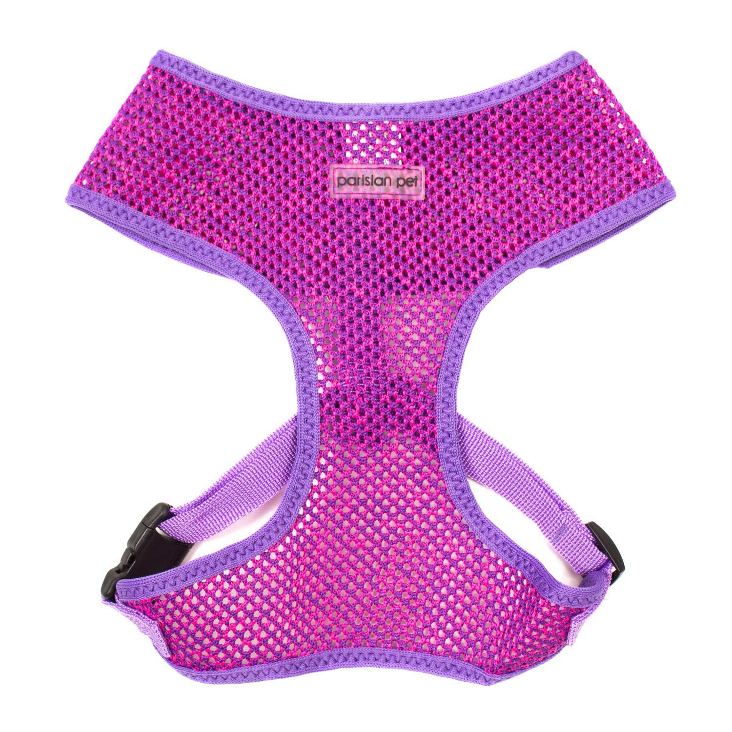 Harnais Parisian Pet pour chien avec mesh respirant rose et violet, confort maximal lors des promenades.