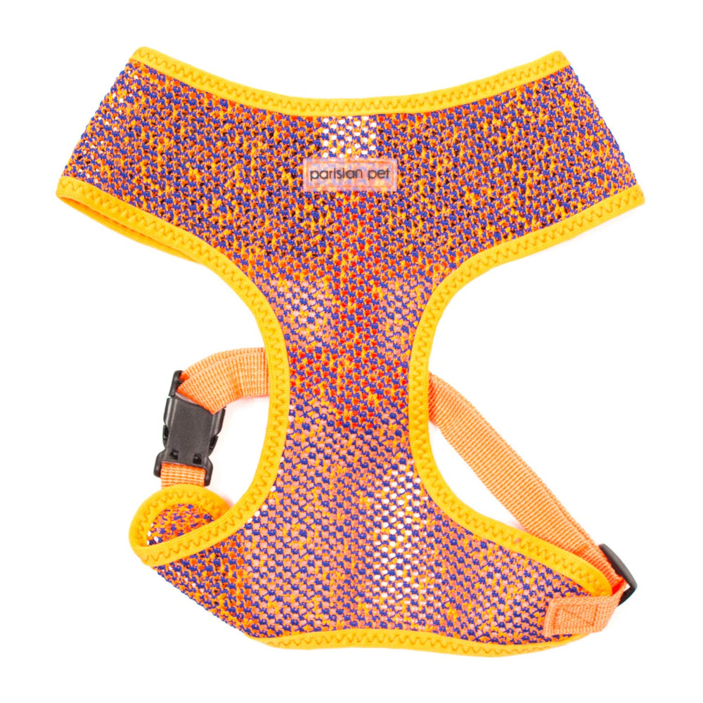 Harnais Parisian Pet pour chien avec mesh bleu respirant et bord orange, idéal pour balades.