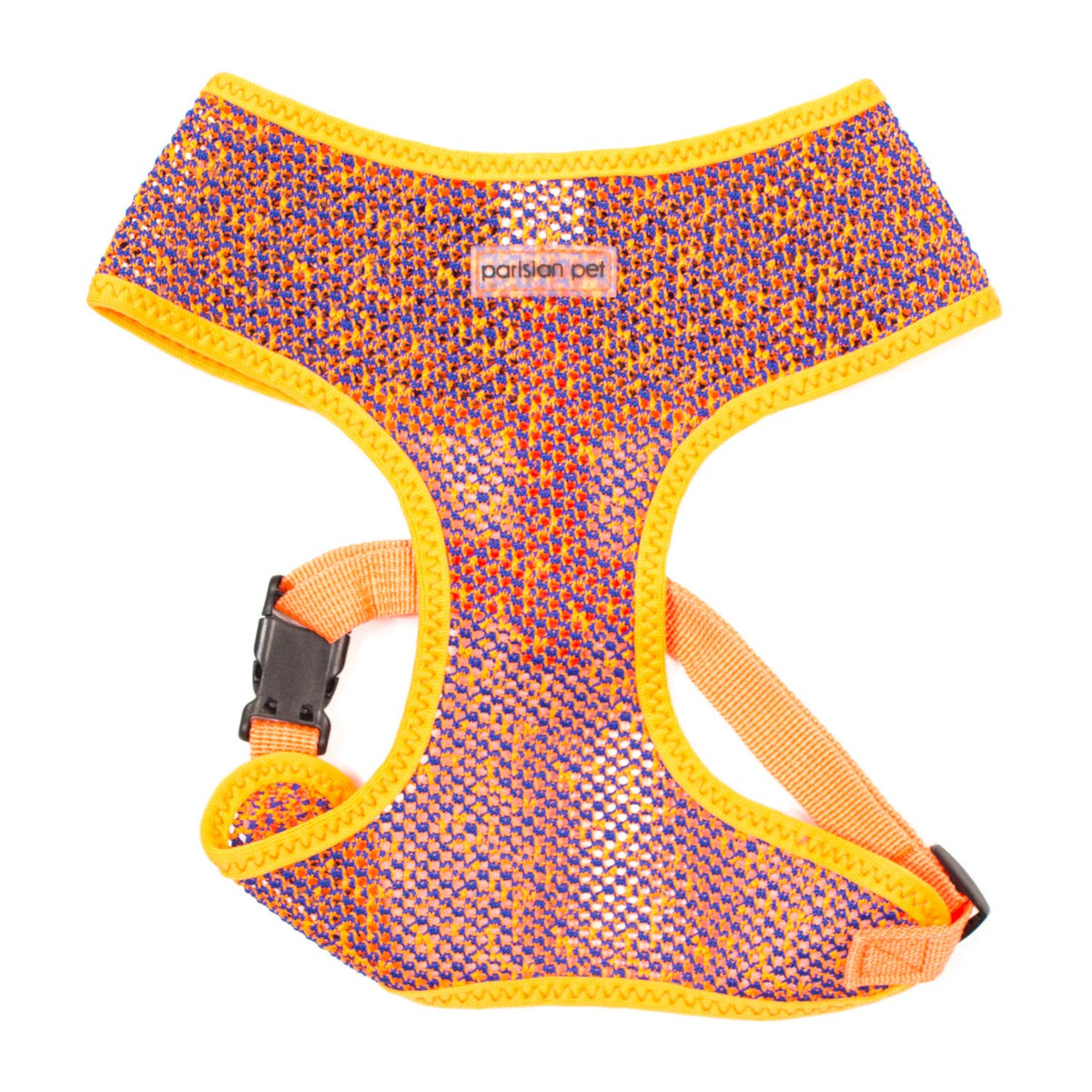 Harnais Parisian Pet pour chien avec mesh bleu respirant et bord orange, idéal pour balades.