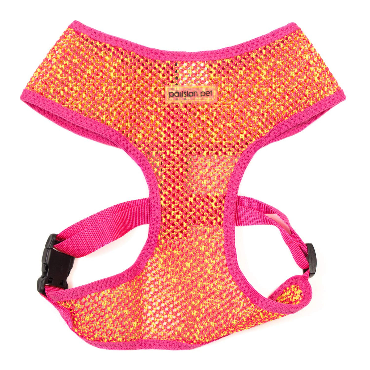 Harnais Parisian Pet en mesh respirant rose-jaune, idéal pour promenades quotidiennes.