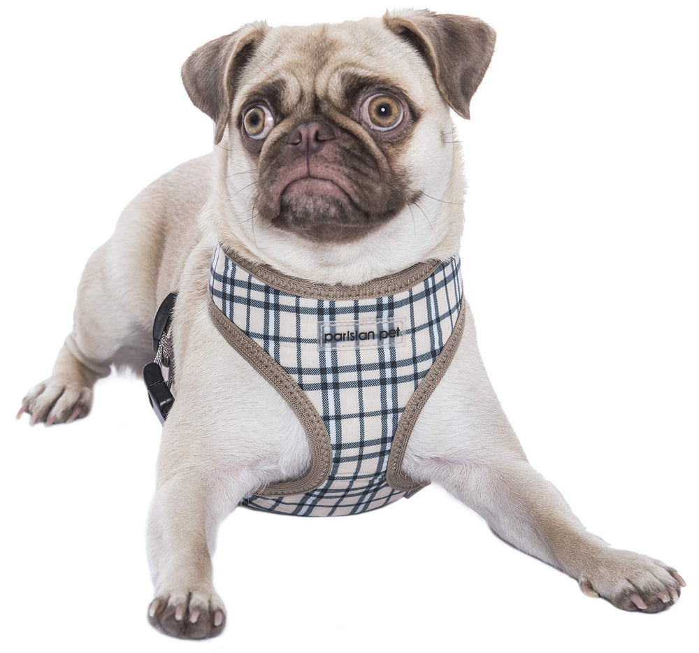 Harnais Parisian Pet plaid kaki, enfilage facile et sécurité lors des sorties.