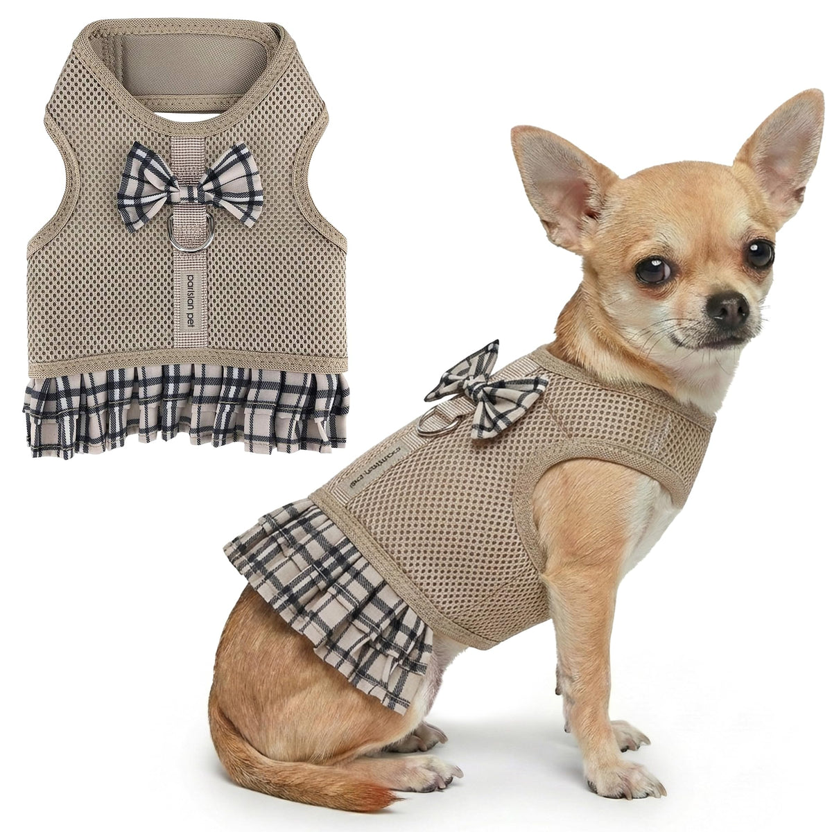 Harnais plaid kaki de Parisian Pet avec un nœud élégant pour promenade chic.