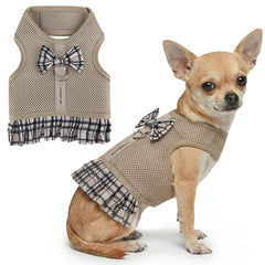 Harnais plaid kaki de Parisian Pet avec un nœud élégant pour promenade chic.