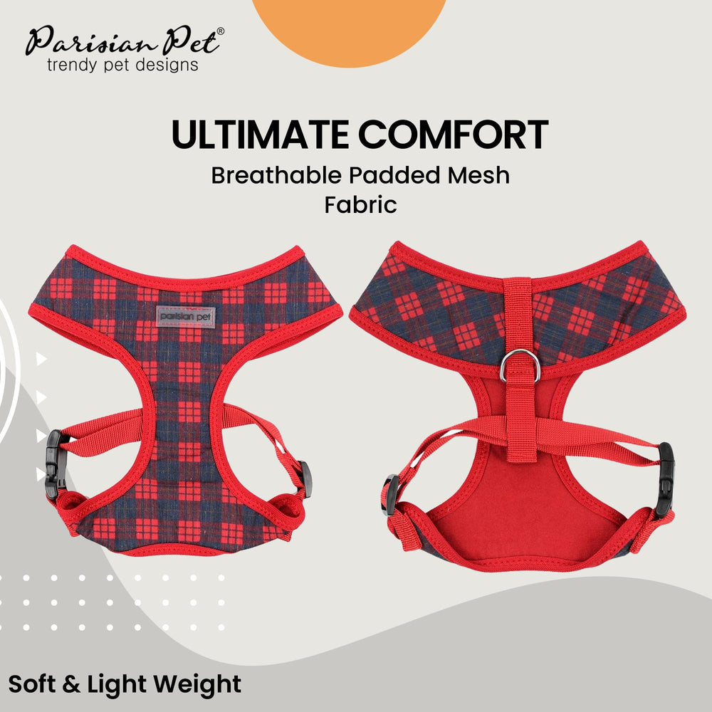 Harnais Parisian Pet plaid rouge, vue dos, distribution de pression optimisée