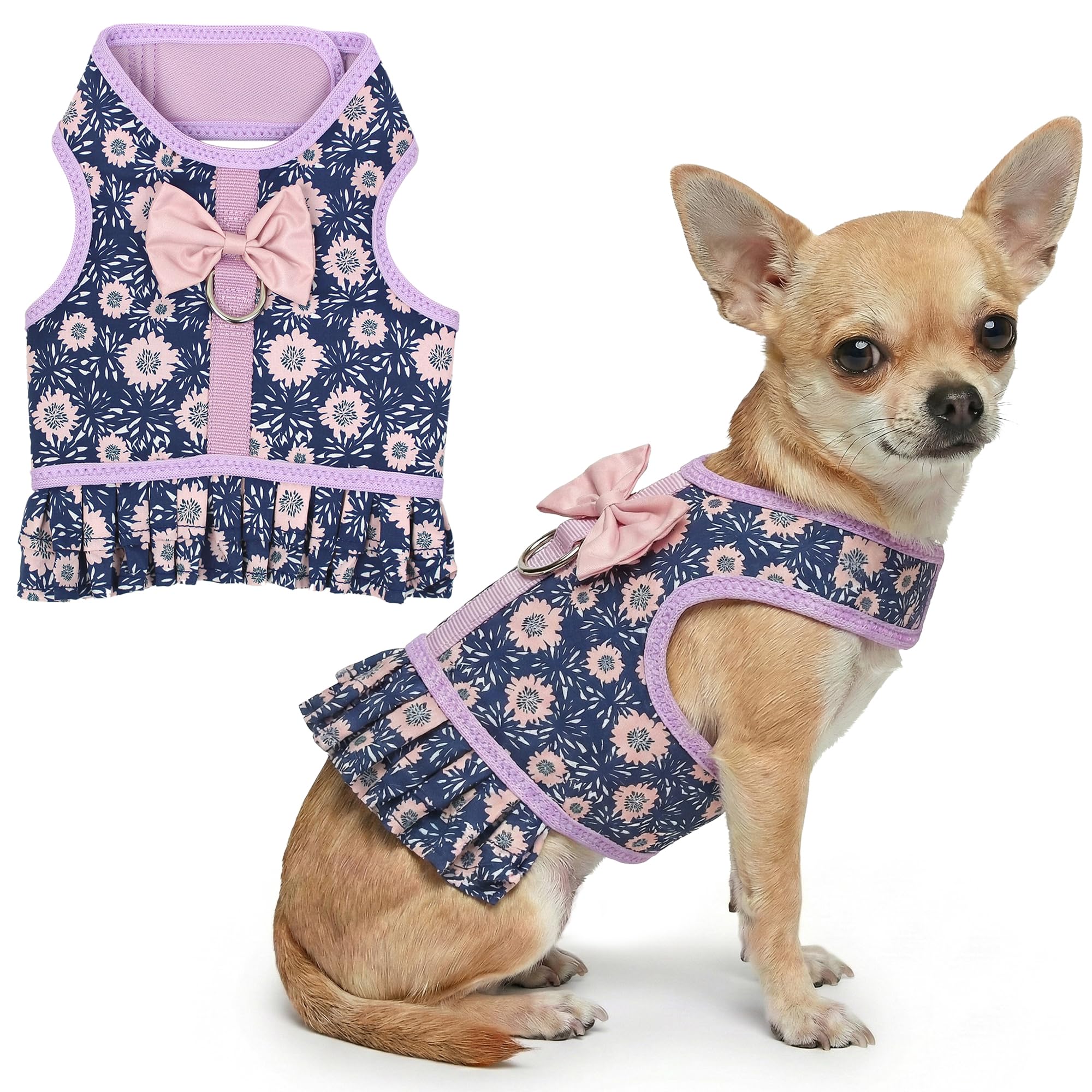Parisian Pet harnais-robe florale bleu nuit: allure chic pour promenades quotidiennes.