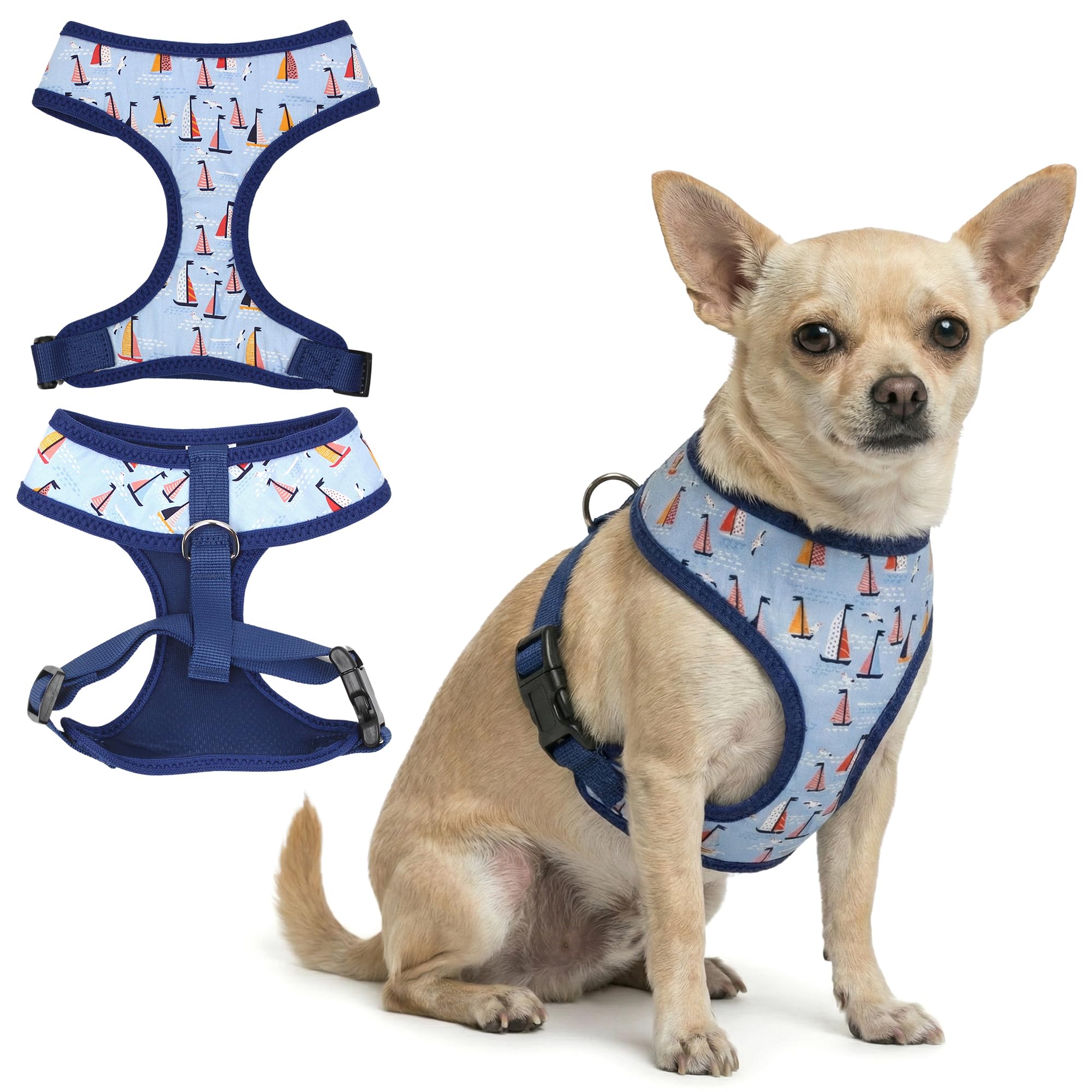 Harnais Parisian Pet voilier bleu imprimé, confort respirant pour petit chien