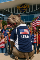 Écriture États-Unis sur le dos du maillot pour chien Parisian Pet.