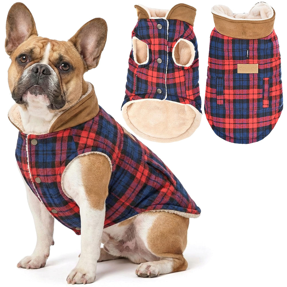Parisian Pet manteau-chien Scottish Red Plaid face, chaleur douce pour sorties hivernales.