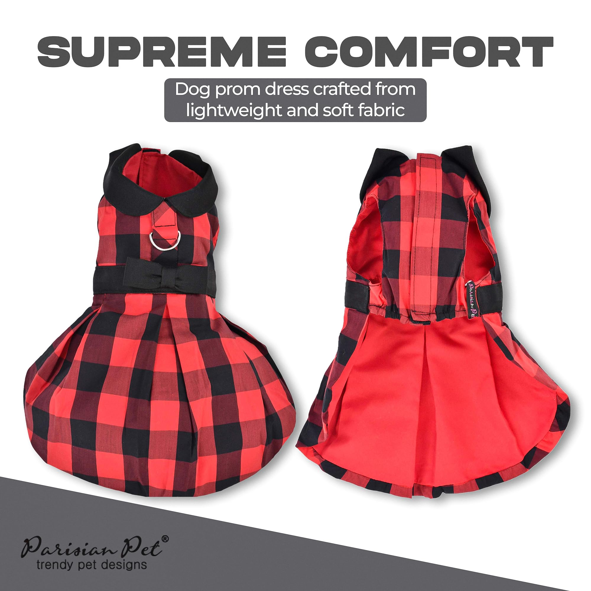 Robe Parisian Pet avec col noir et jupe fluide, style élégant.