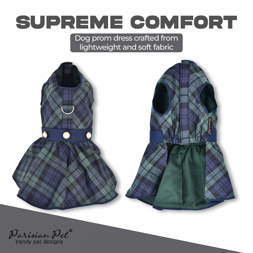 Robe Parisian Pet pour chien, ceinture décorative sur plaid vert, style chic.
