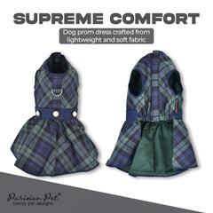 Robe Parisian Pet pour chien, ceinture décorative sur plaid vert, style chic.