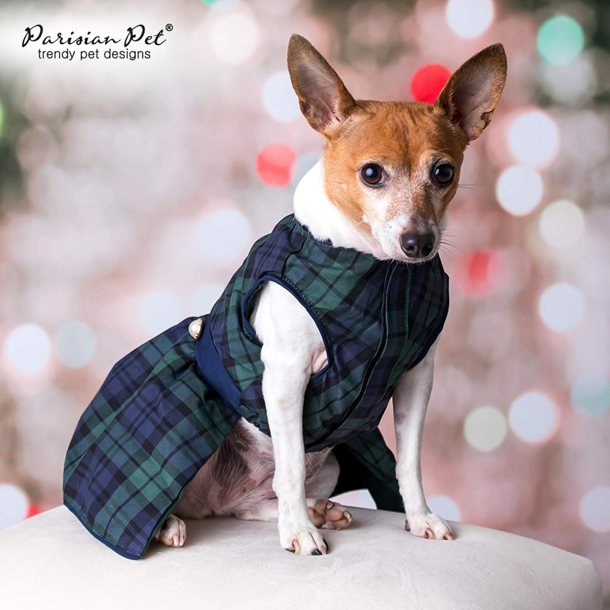 Confort toute la journée avec robe Parisian Pet, plaid vert, coupe légère.