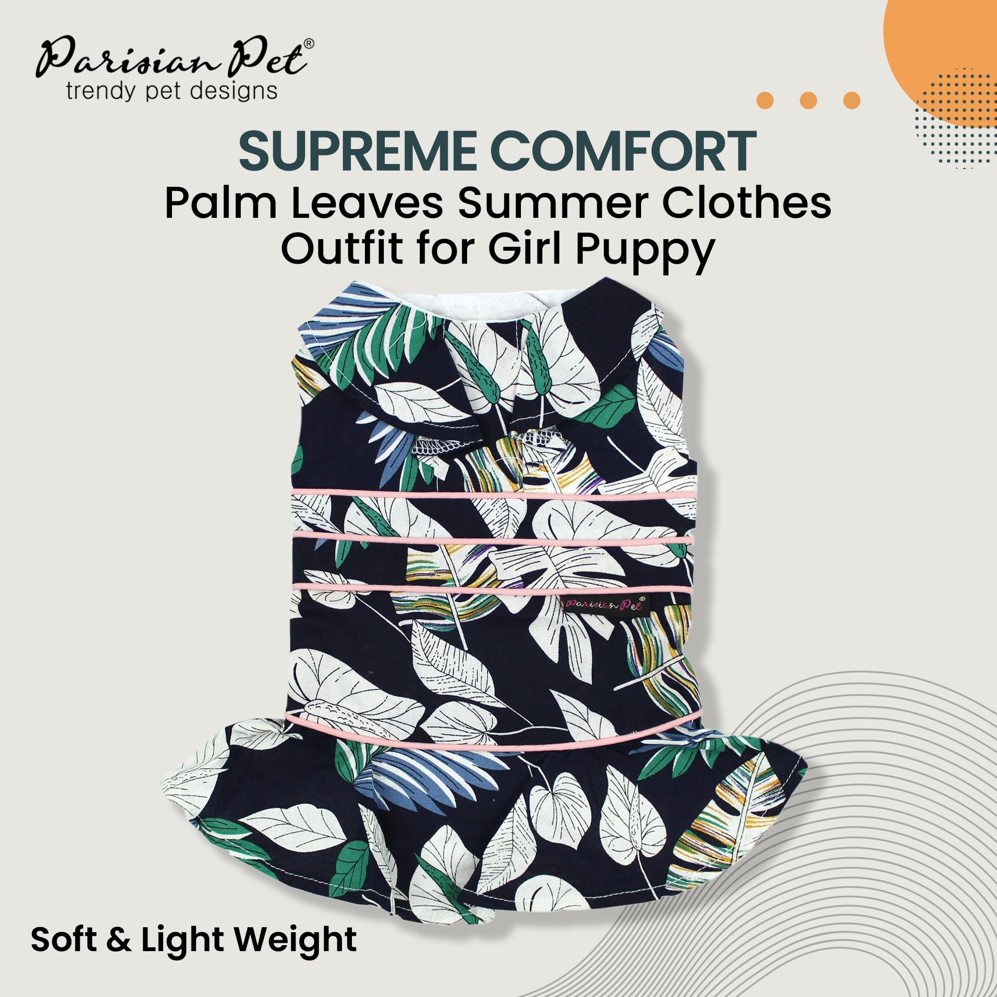 Robe Parisian Pet imprimé feuilles tropicales, parfait pour la plage.