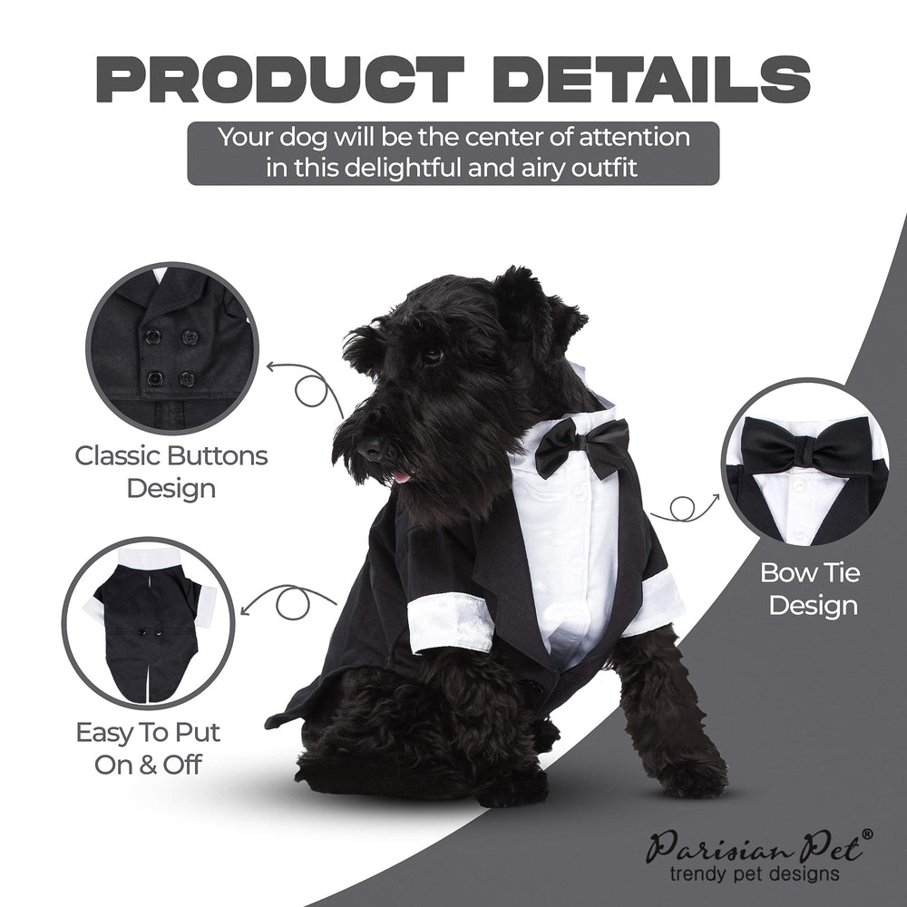 Détail bouton-avant sur smoking Parisian Pet, habillage rapide et soignet.