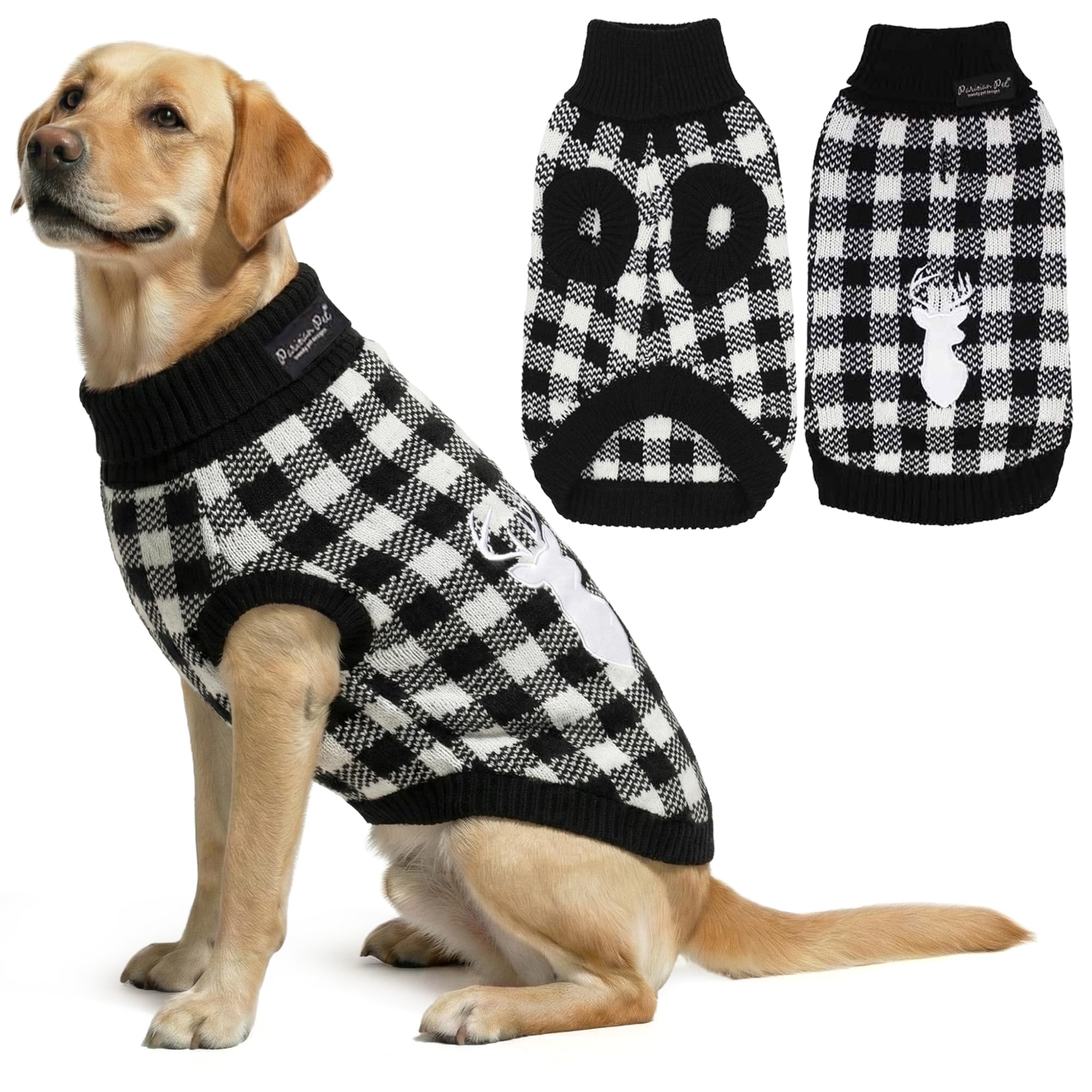 Pull Parisian Pet en col roulé carreaux blanc et noir, parfait pour balades hivernales.