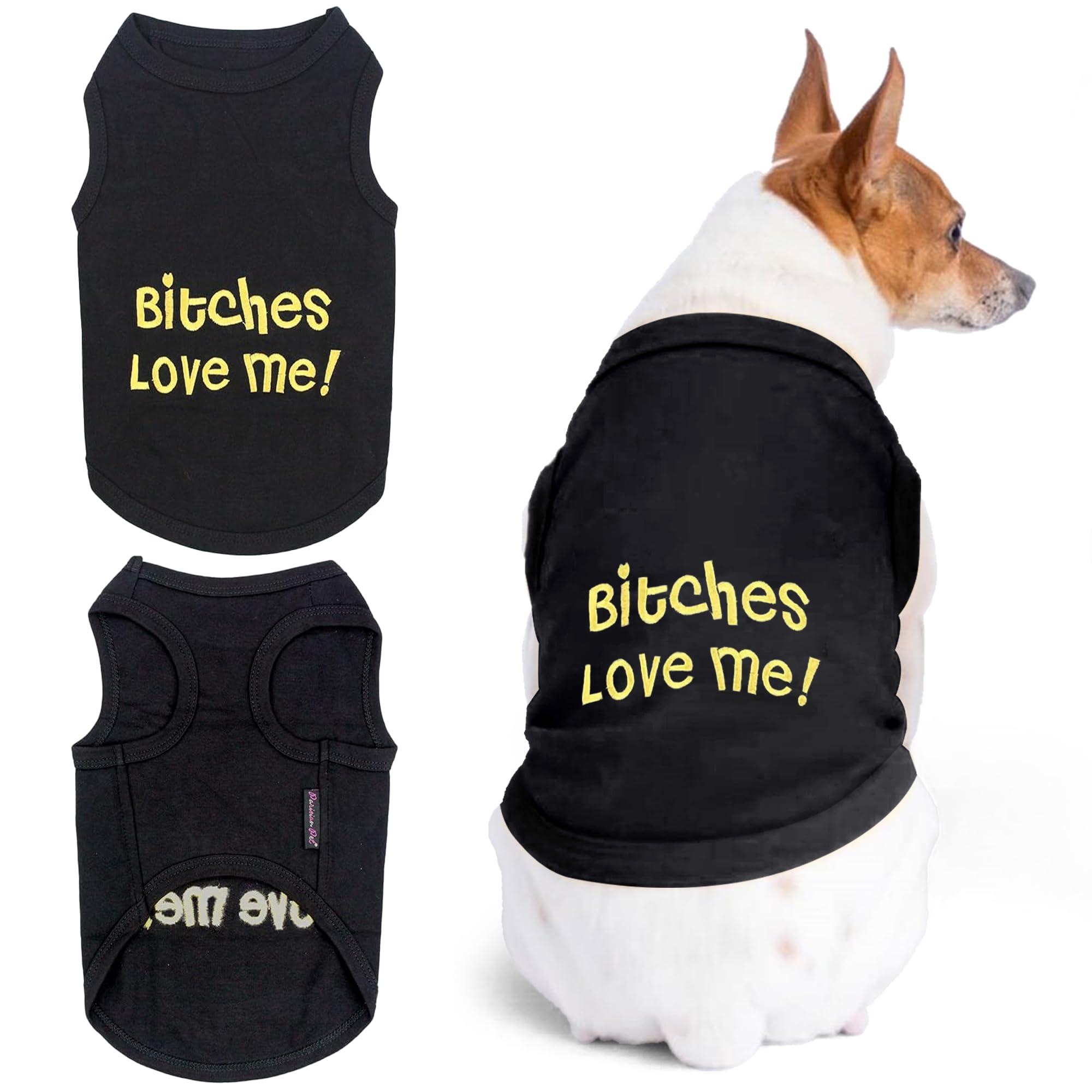 Parisian Pet T-shirt Bitches Love Me noir sans manches, parfait pour des balades pleines de caractère.