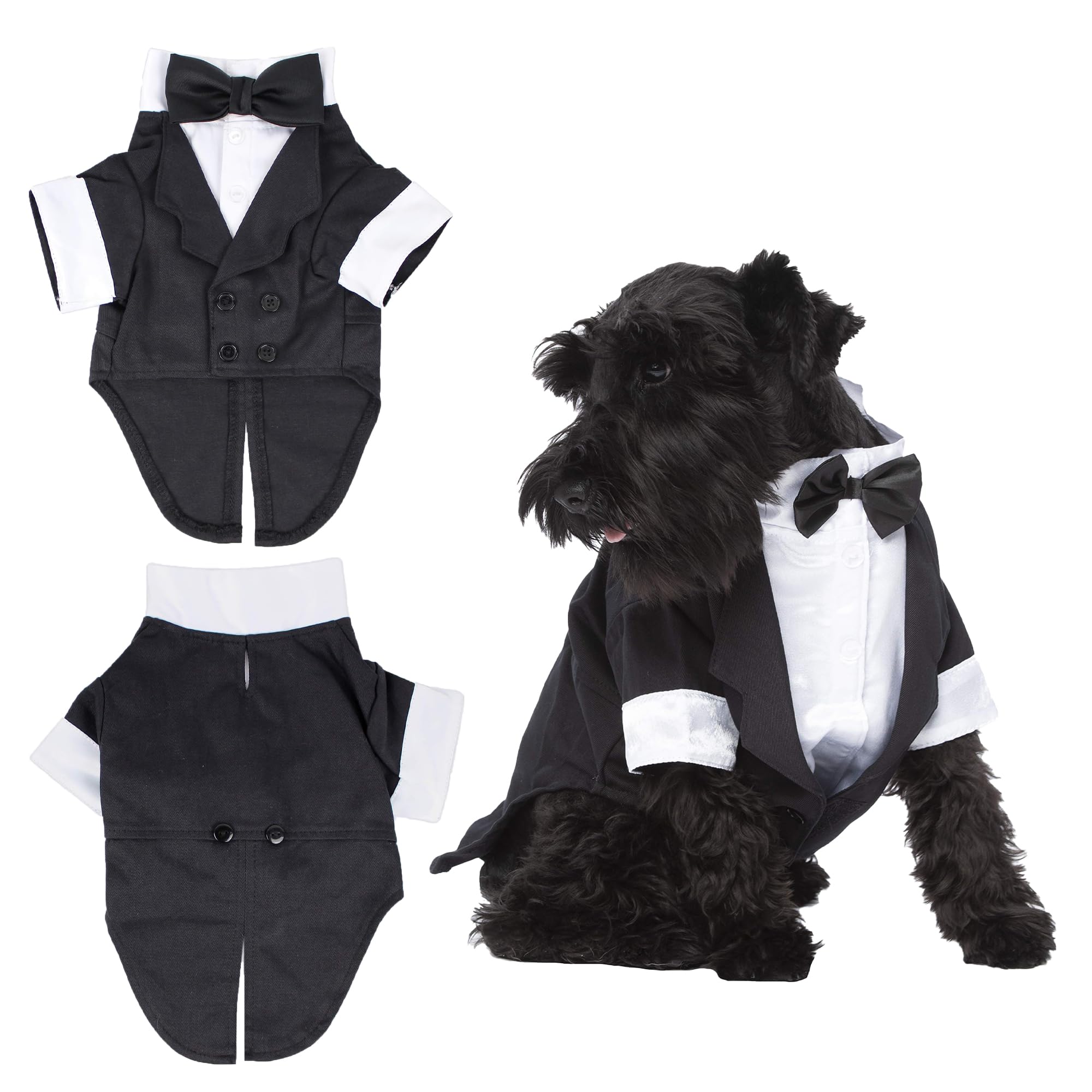 Robe smoking Parisian Pet noire avec chemise blanche et noeud papillon, élégance canine.