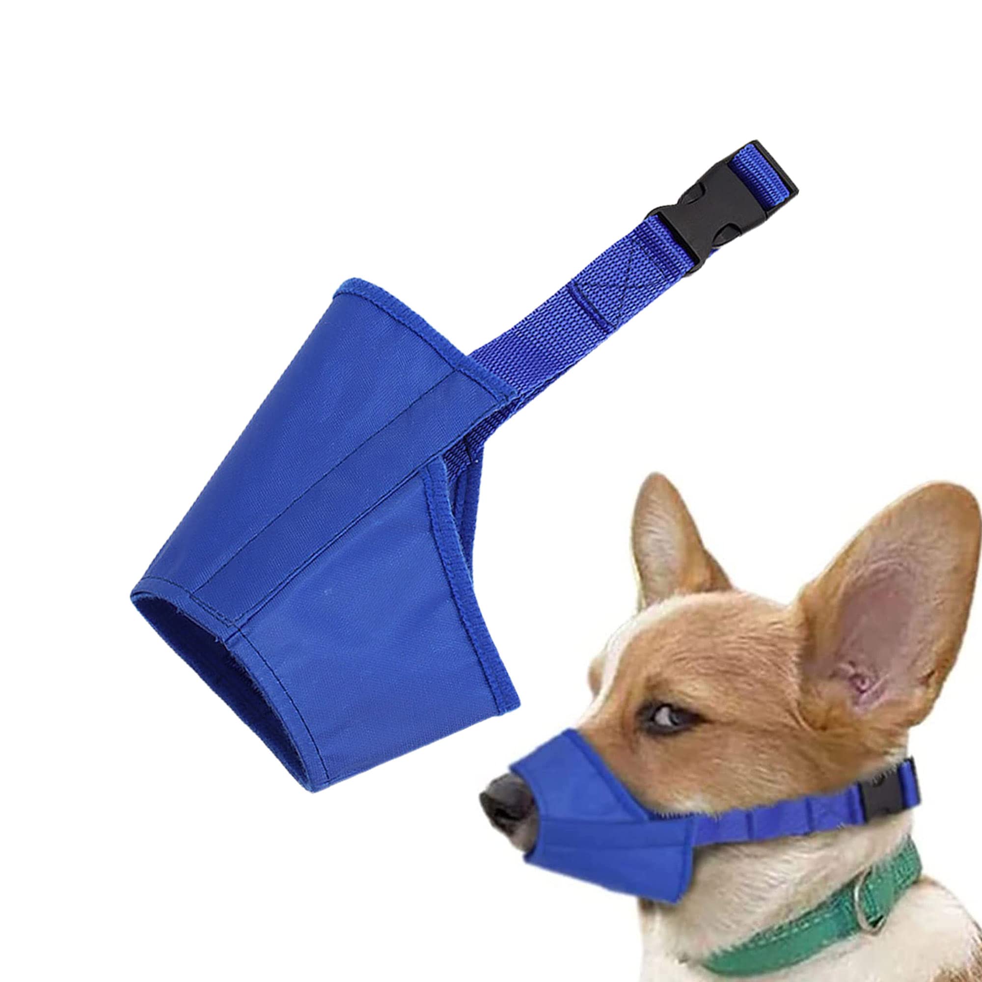 Parts Express masque chien bleu, vue avant; réduction des morsures en douceur.