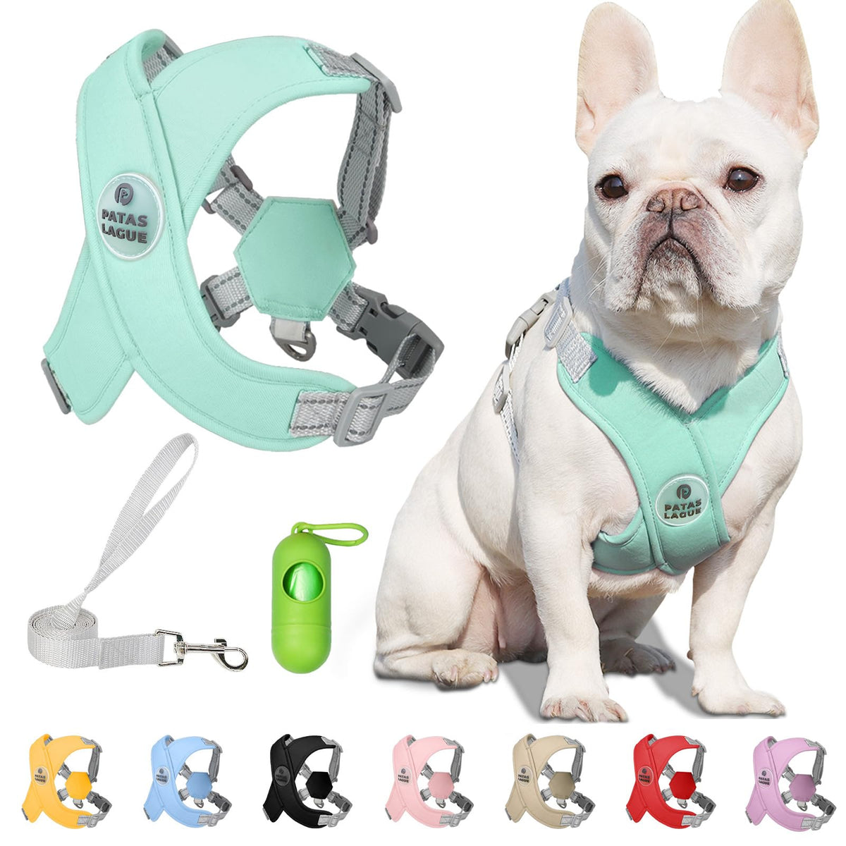 Harnais Patas Lague pour chien avec laisse verte, sécurité et confort lors des promenades.
