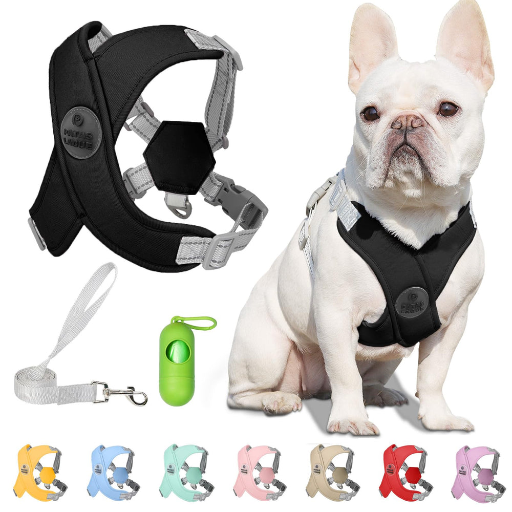 Harnais Patas Lague enfilage par l'avant rembourré pour chien noir taille M, confort.