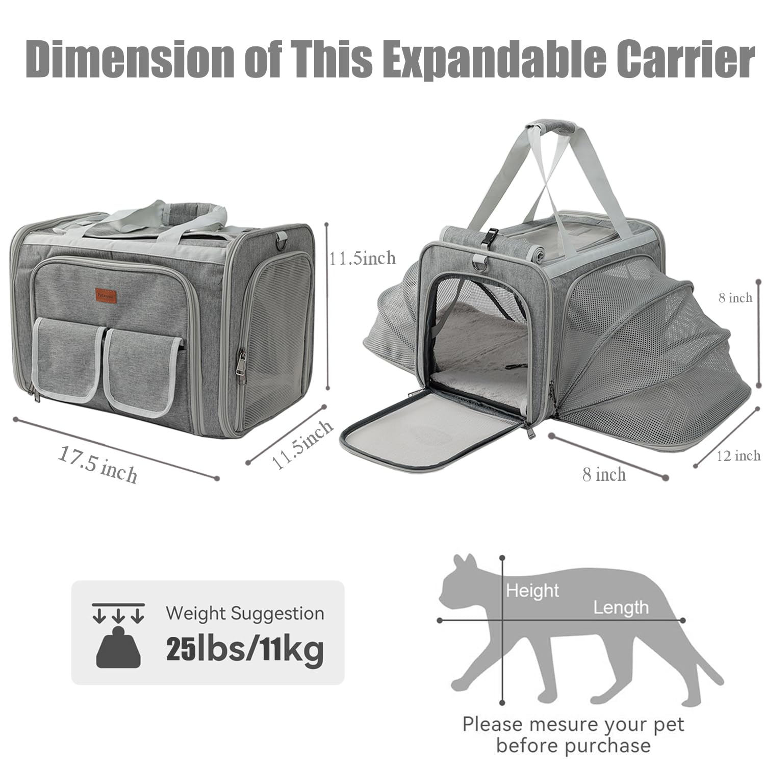 PATAZONE sac transport chat gris, double ouverture facilitant l'entrée et la sortie.