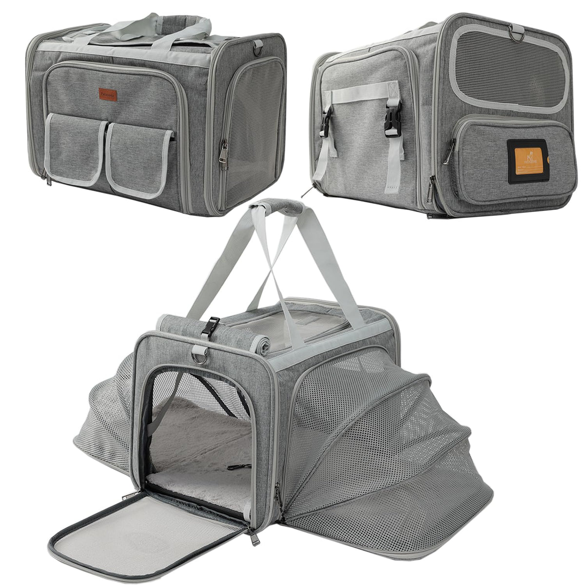 PATAZONE sac de transport chat gris avec ouverture avant pour accès rapide.