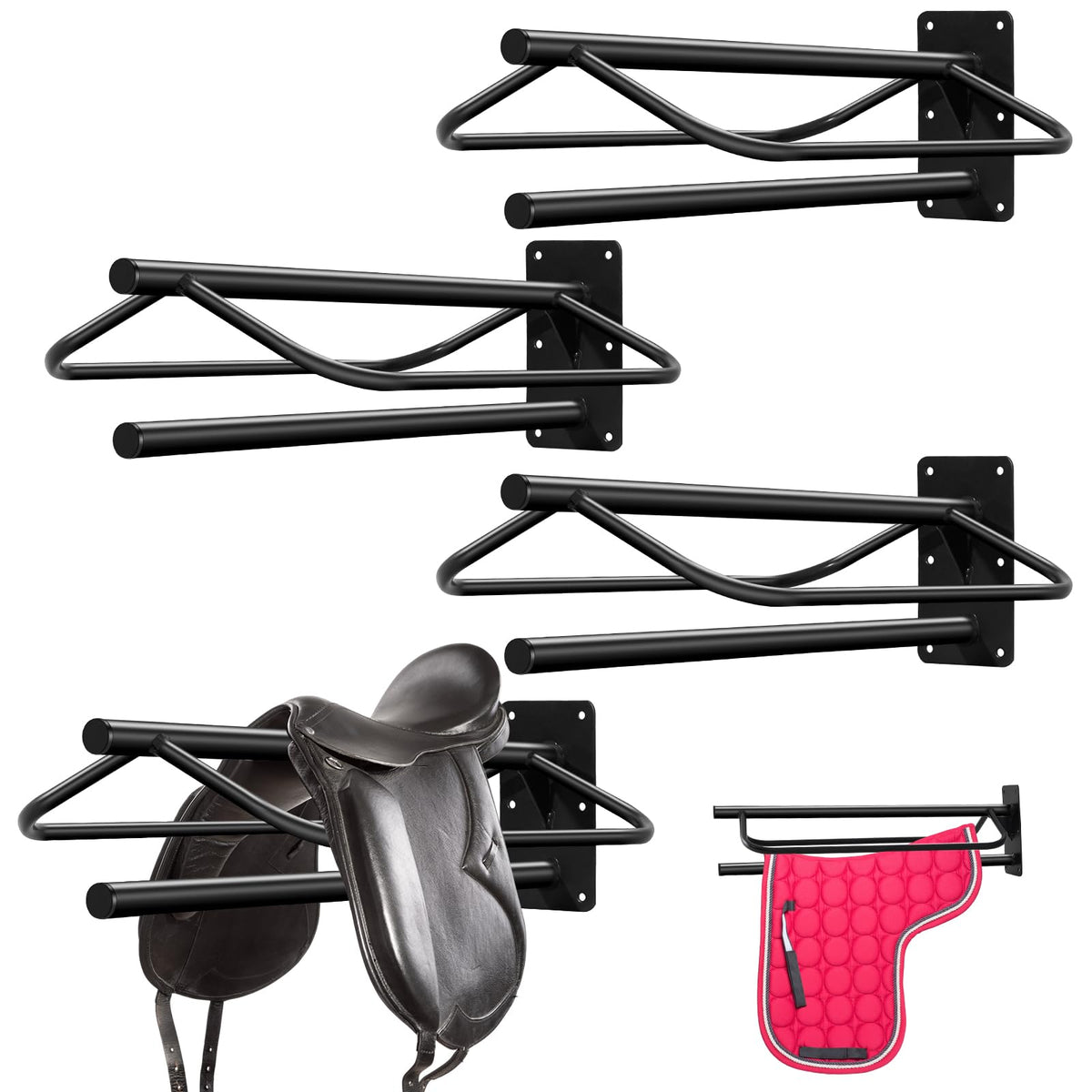 Paterr porte-selle mural montrant le rangement pratique des selles.