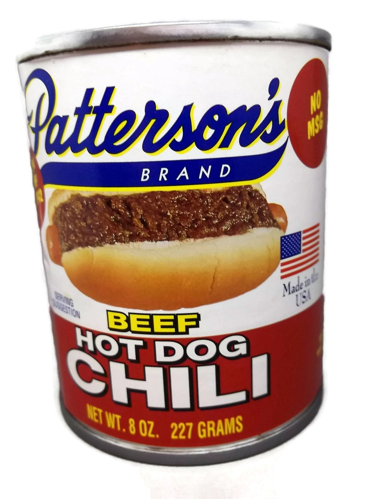Pattersons Hot Dog Chili en boîte de 8 oz prête à garnir les chiens chauds.