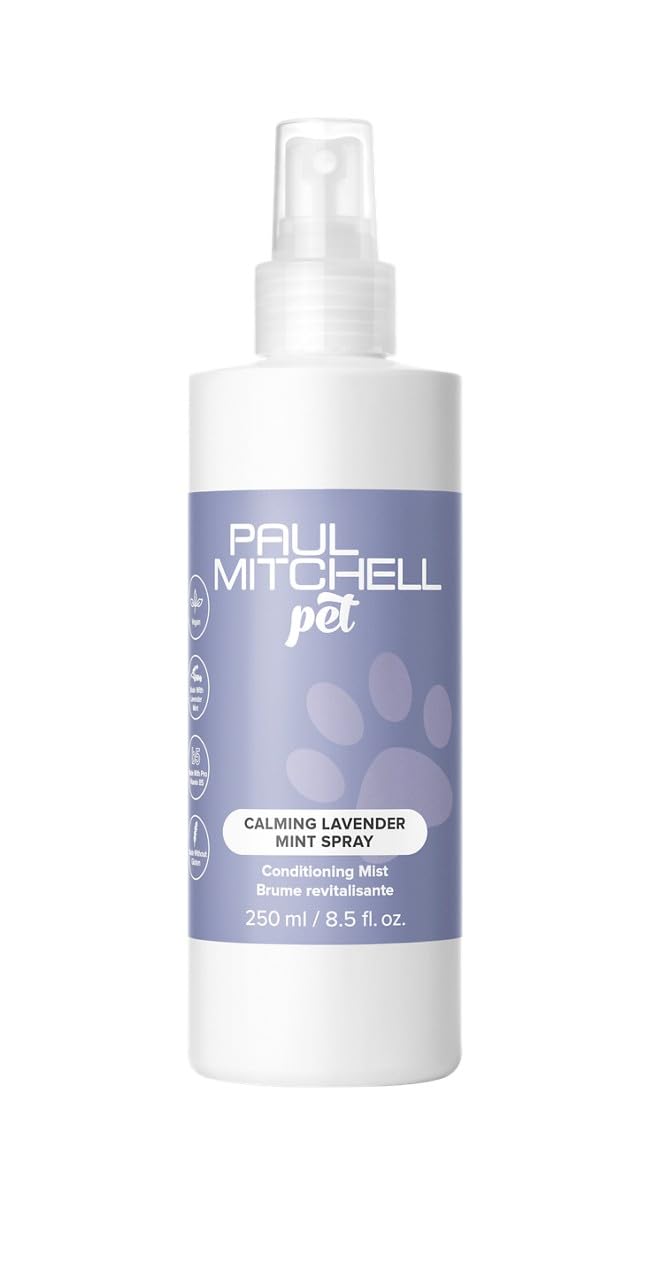 Paul Mitchell Pet brumisateur calmant lavande menthe, idéal pour démêler le pelage.