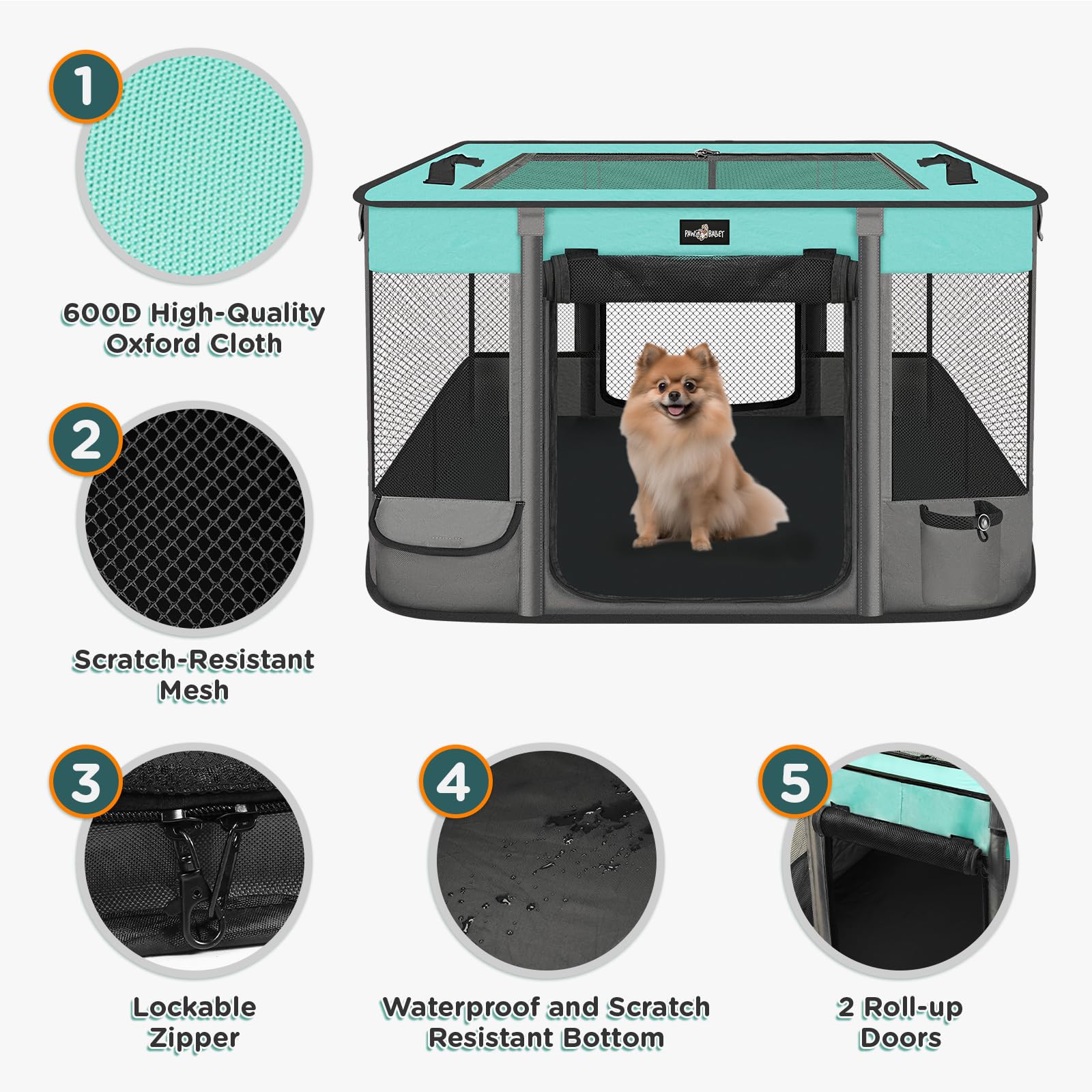PAW BALLET aire de jeu à deux portes roulables, accès facile.