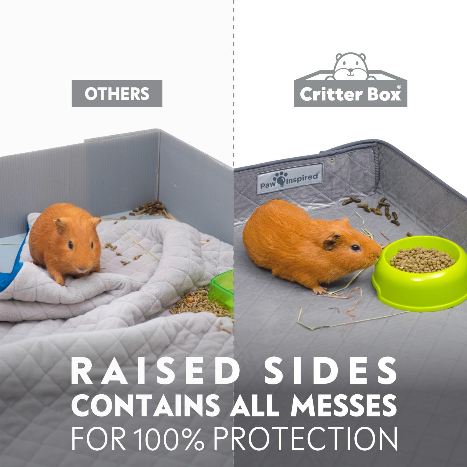 Paw Inspired Critter Box: côté latéral bleu mettant en avant la barrière anti-éclaboussures.