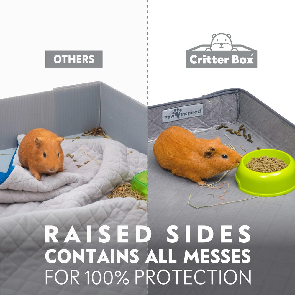 Paw Inspired Critter Box: côté latéral bleu mettant en avant la barrière anti-éclaboussures.