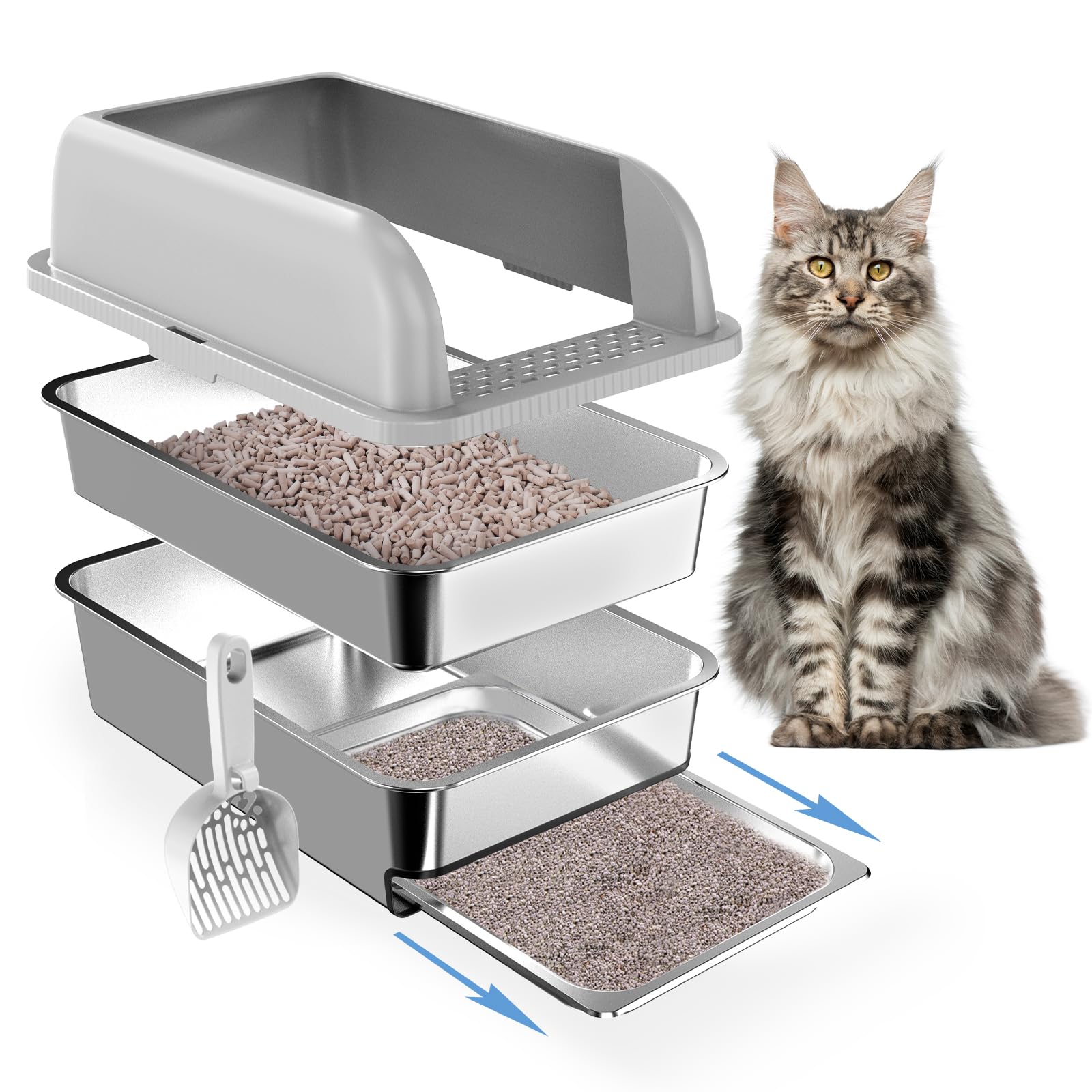 Boîte litière Paw Libero en inox avec tiroir amovible, nettoyage rapide.
