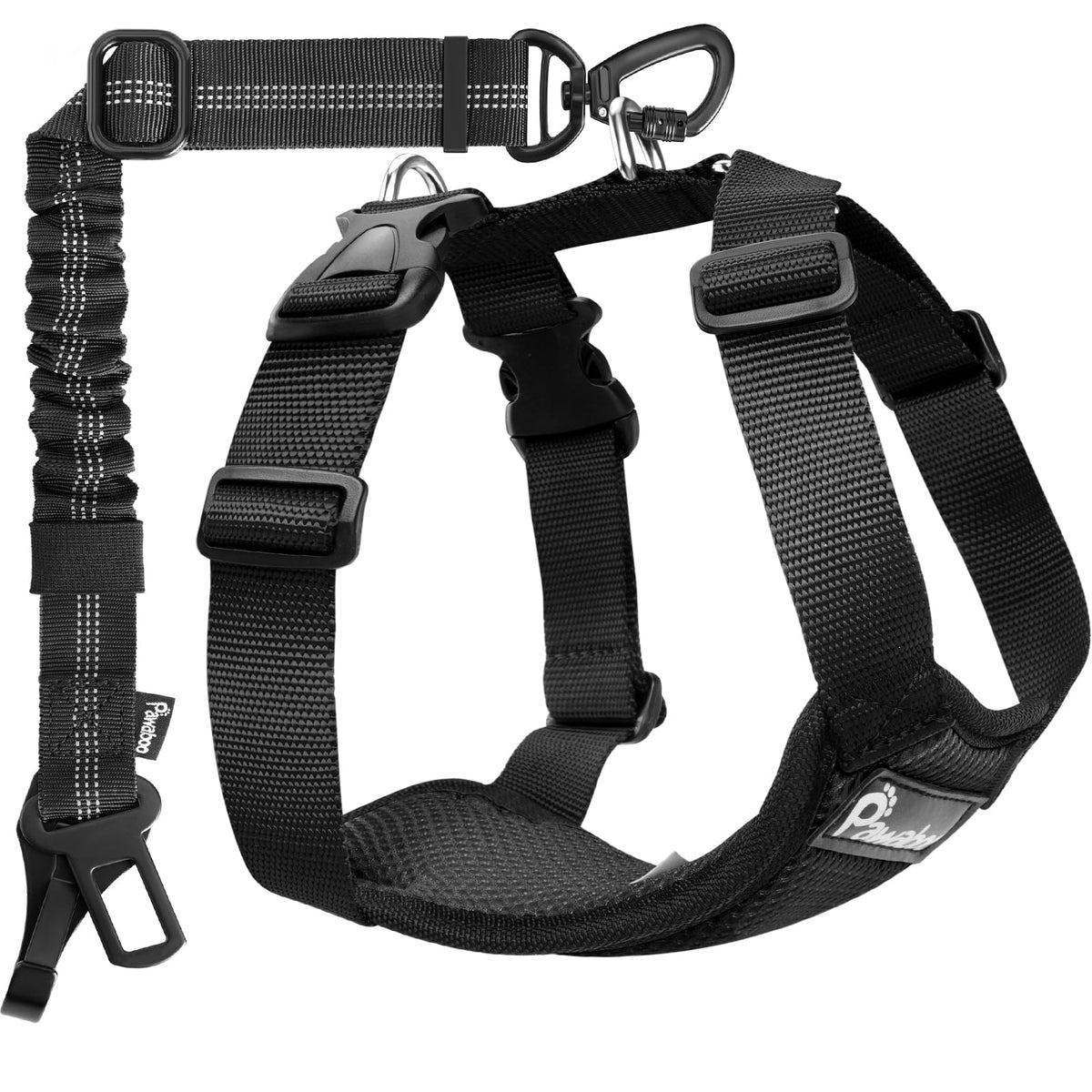 Pawaboo harnais chien pour voiture avec doubles clips, sécurité renforcée lors des trajets.