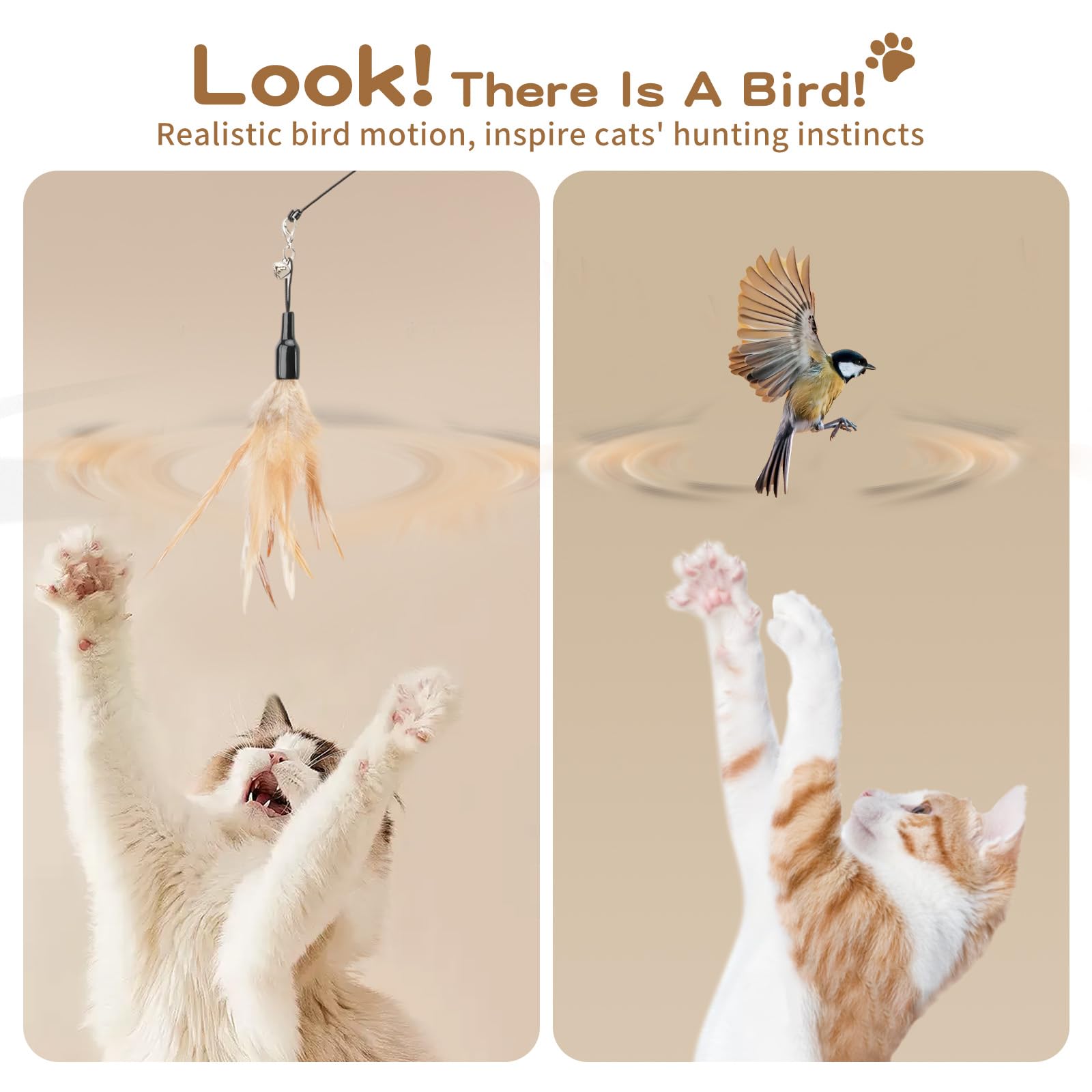 Jouet interactif Pawaboo pour chats, plume brune et bâton léger.