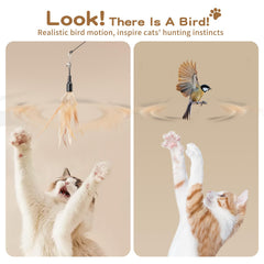 Jouet interactif Pawaboo pour chats, plume brune et bâton léger.
