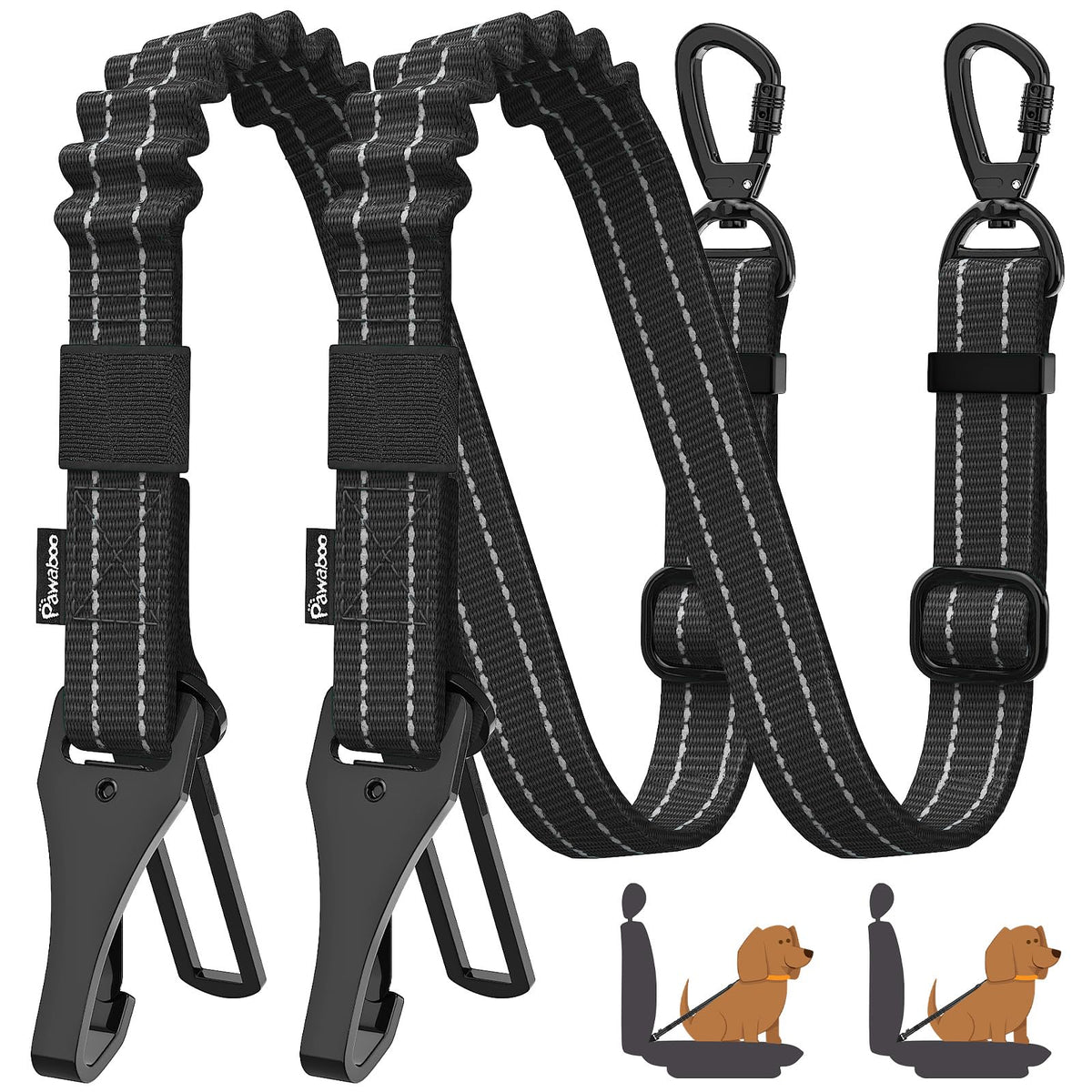 Pawaboo lot de 2 ceintures chien voiture 3-en-1, sécurité et flexibilité pour les trajets.