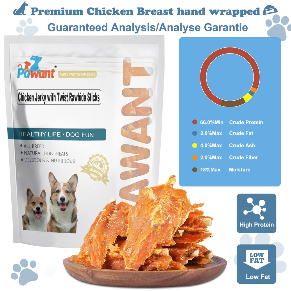 Pawant bâtonnets poulet jerky coeur-cuir naturel visible.