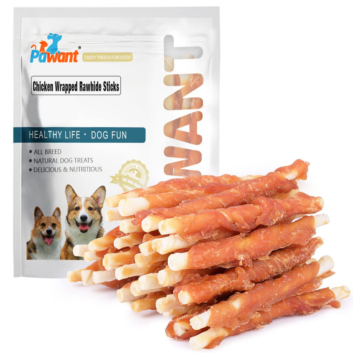Friandise Pawant bâtonnets rawhide poulet blanc pour dentition et haleine fraîche.