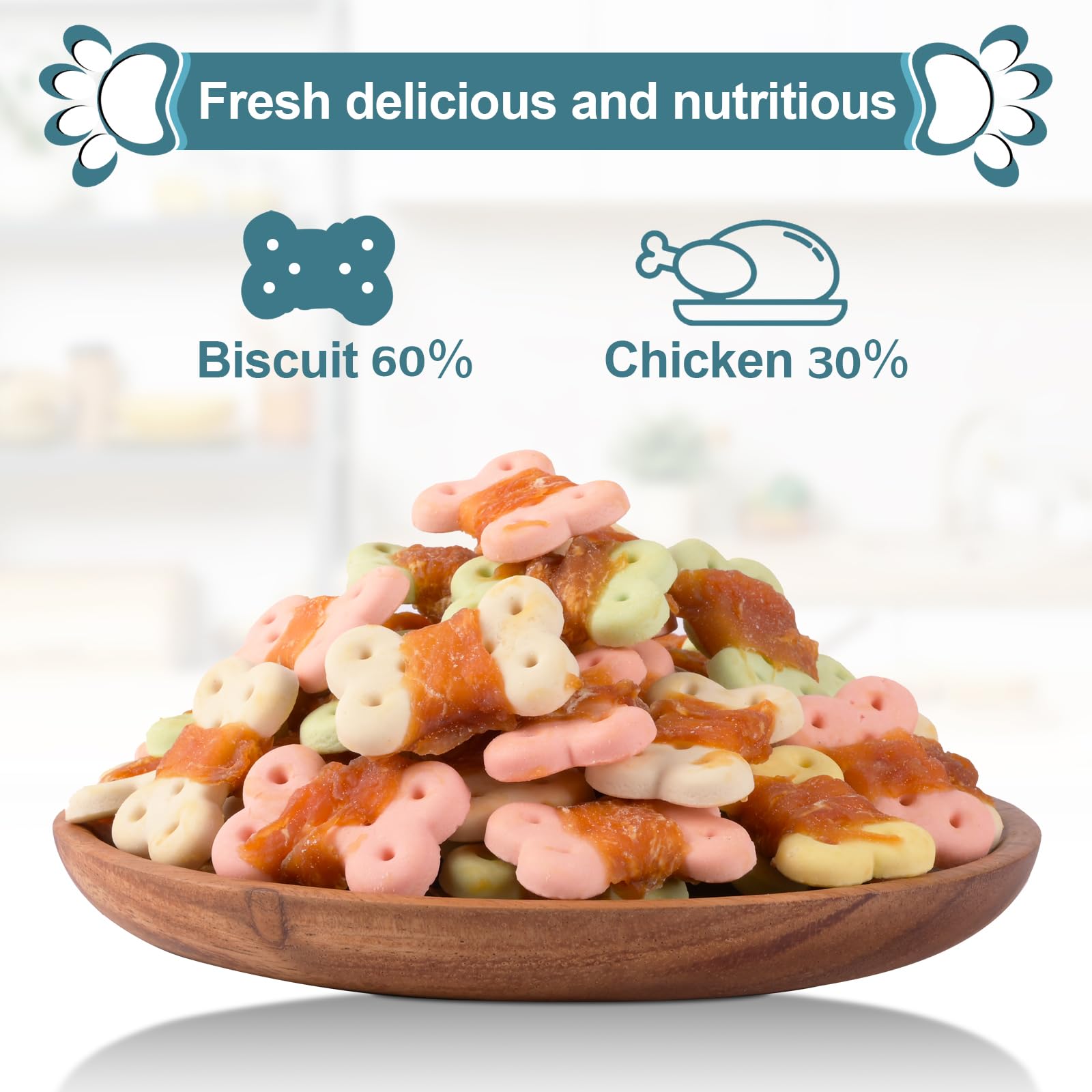 Pawant: friandises naturelles au poulet pour petit chien, soutien potentiel à la routine de jeu.