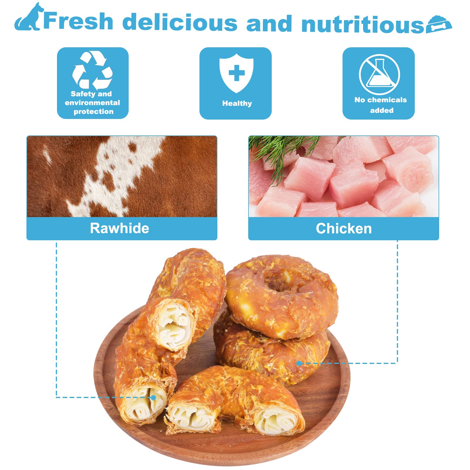 Gros chien dégustant Pawant donuts au poulet, plaisir et mastication responsables.