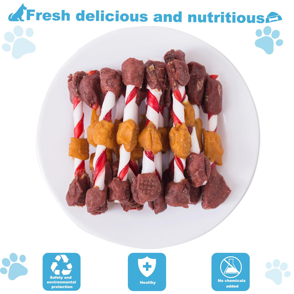 Morceaux de viande visibles sur une brochette Pawant, saveur appétente pour motiver le chien.