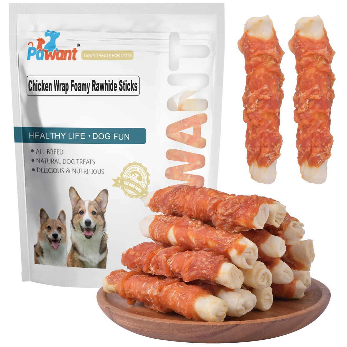 Pawant rouleaux poulet en cuir cru, friandise durable pour chiens.