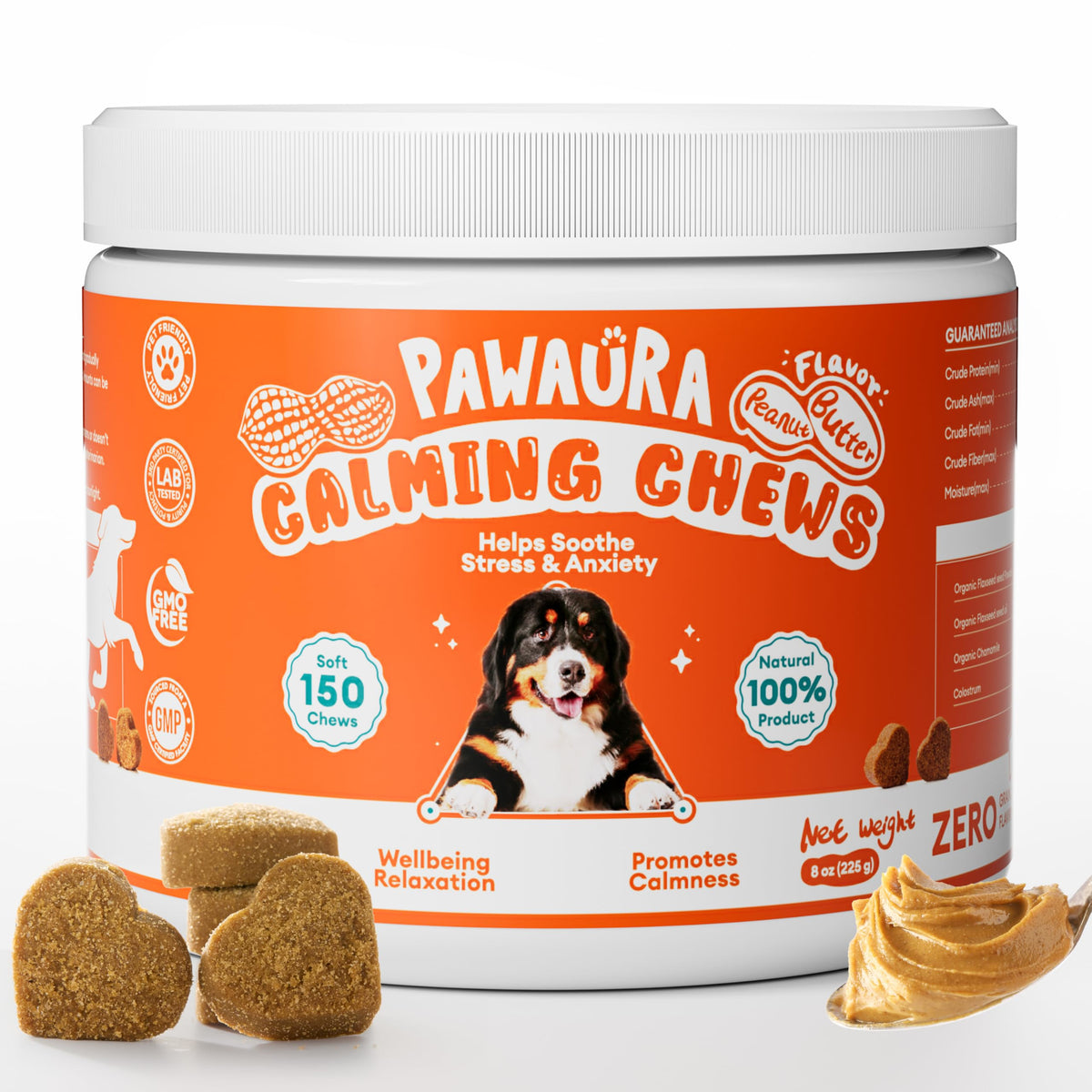 Pawaura Calming Chews pour chien – bouteille beurre de cacahuète, apaisement potentiel.