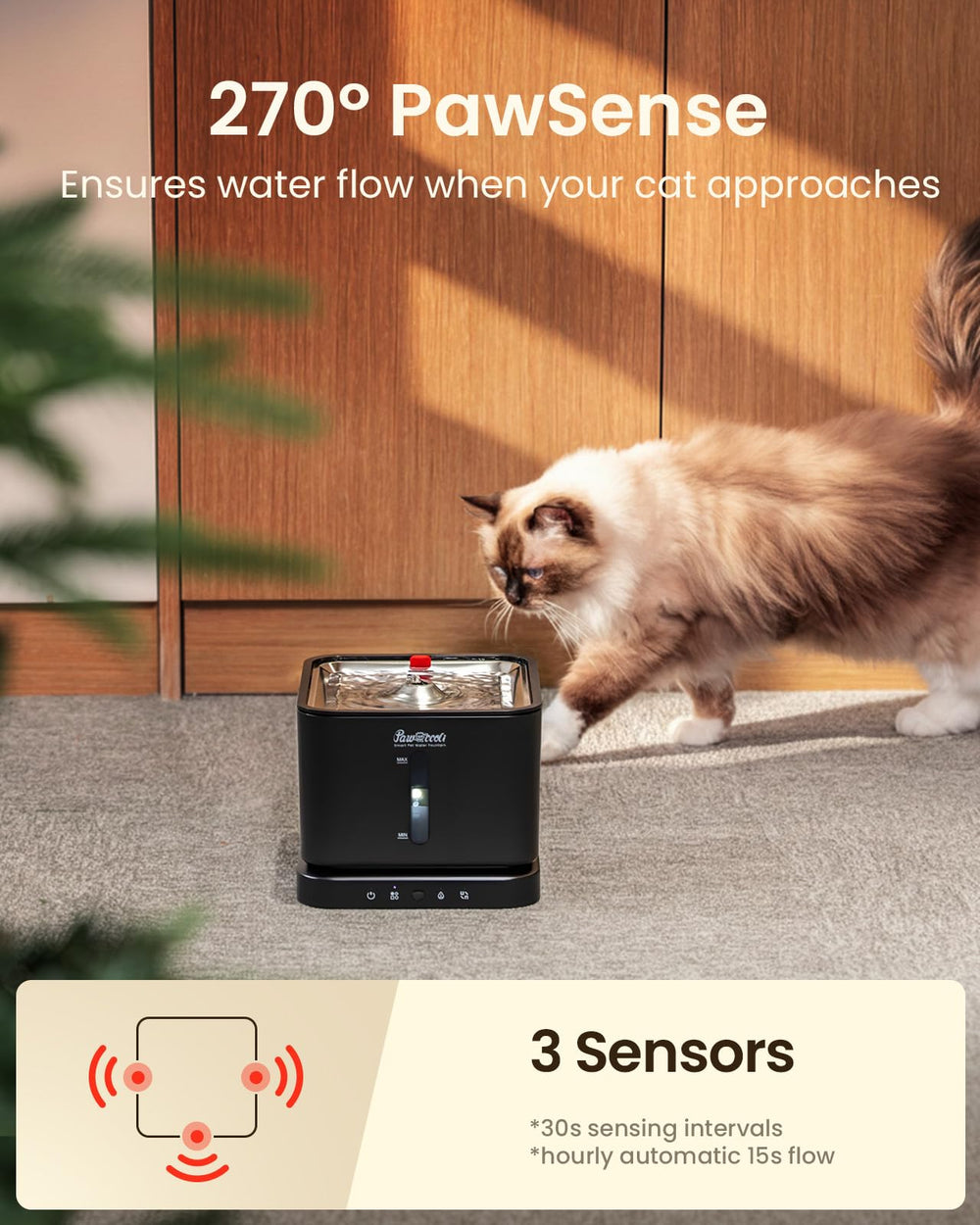Pawccoli mode senseur fontaine chat 270deg : détection efficace des besoins