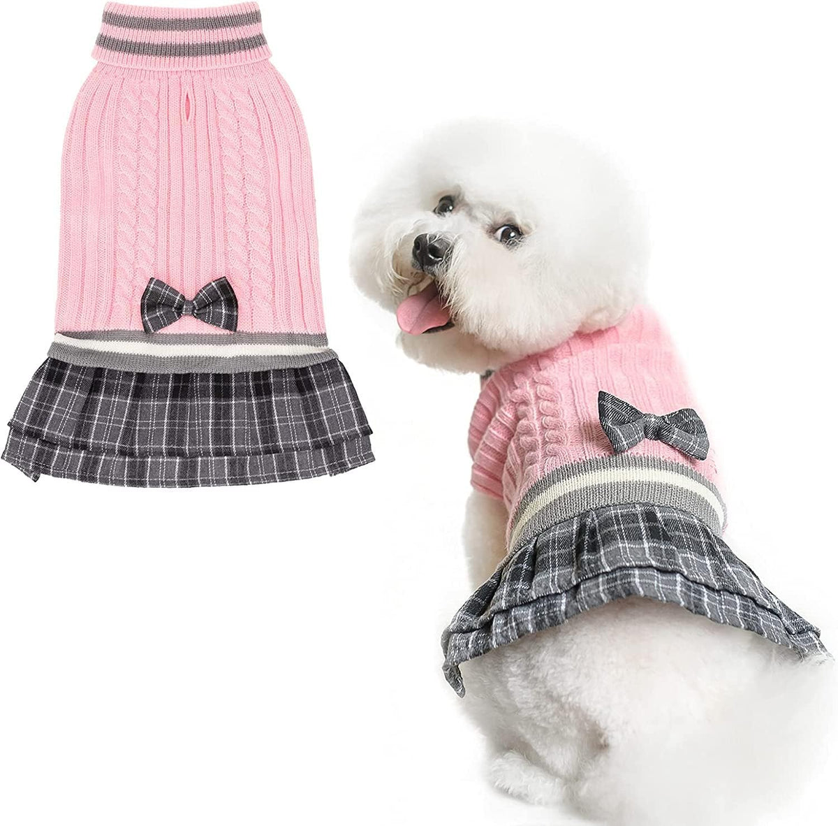 PAWCHIE pull-robe pour chien avec noeud rouge, idéal pour balades hivernales.