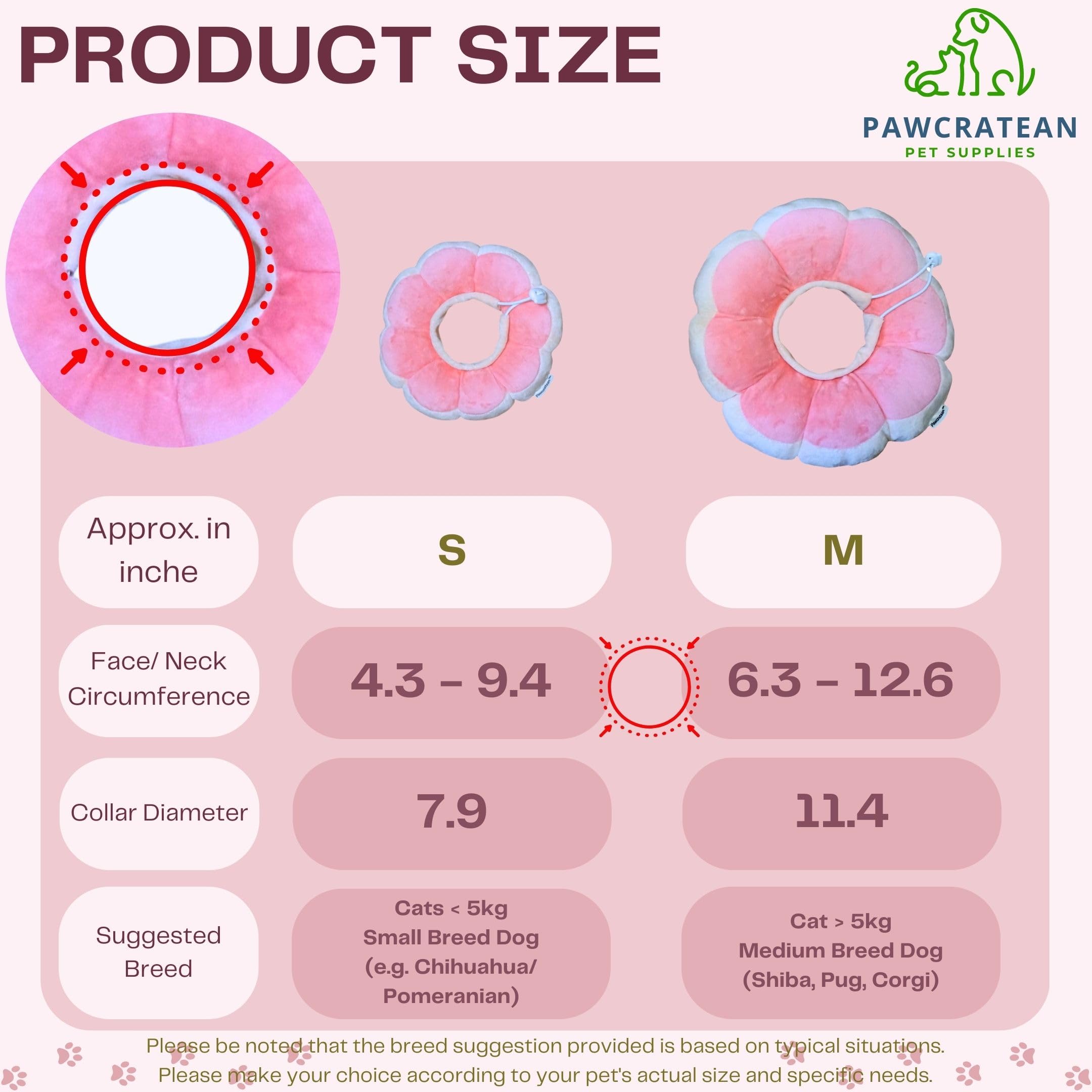 Pawcratean collier Elizabeth fleur rose, réglable pour ajustement optimal.