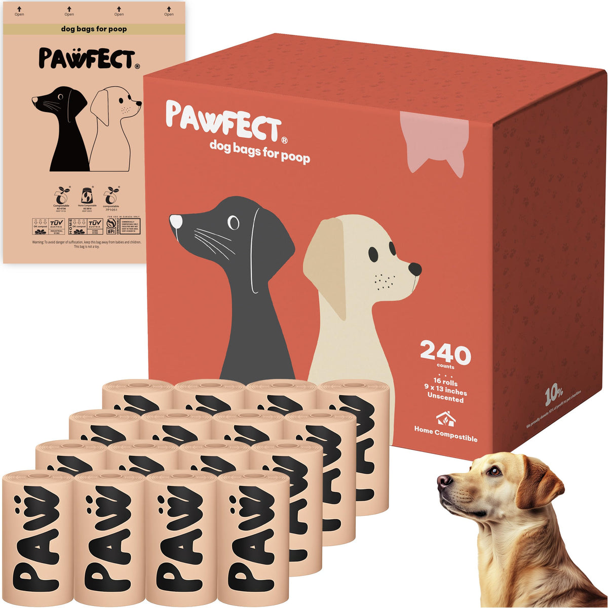 Pawfect: rouleaux de sacs crottes biodégradables, pratique et respectueux de l'environnement.