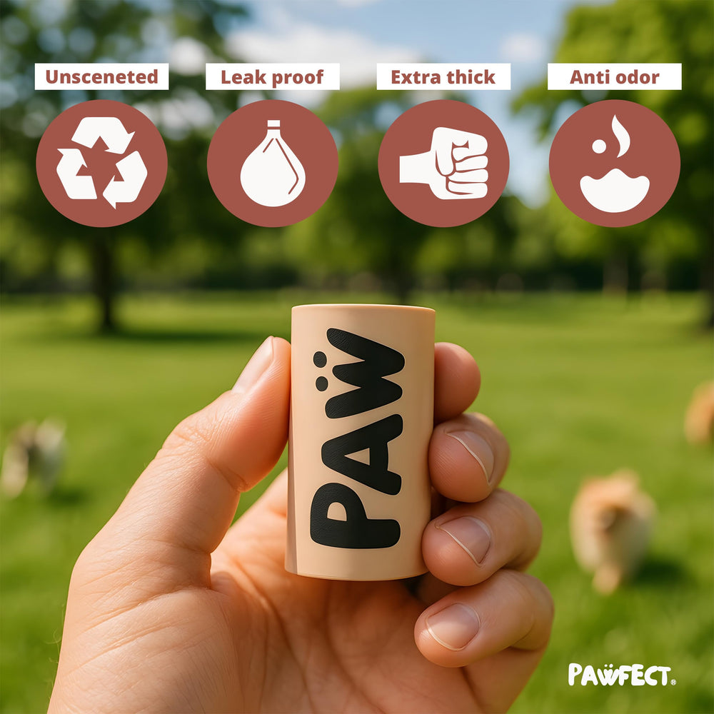 Pawfect: sacs crottes chien bio compostables, solution propre et durable.