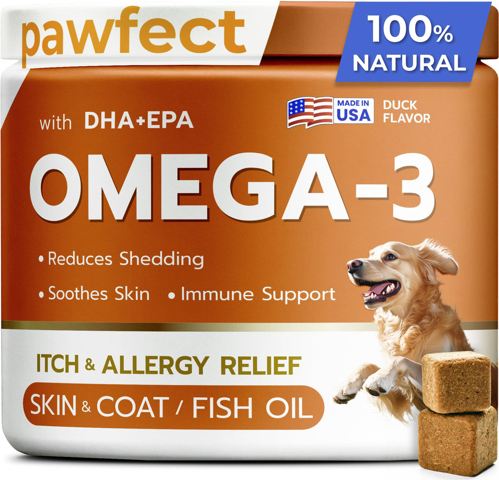 PAWFECTCHEW emballage saumon, soutien oméga 3 pour chien.